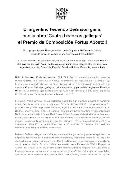 Federico Beilinson, el talentoso argentino, gana el Premio de Composición Portus Apostoli con su obra "Cuatro historias gallegas".