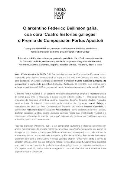 Federico Beilinson, el talentoso argentino, gana el Premio de Composición Portus Apostoli con su obra "Cuatro historias gallegas".