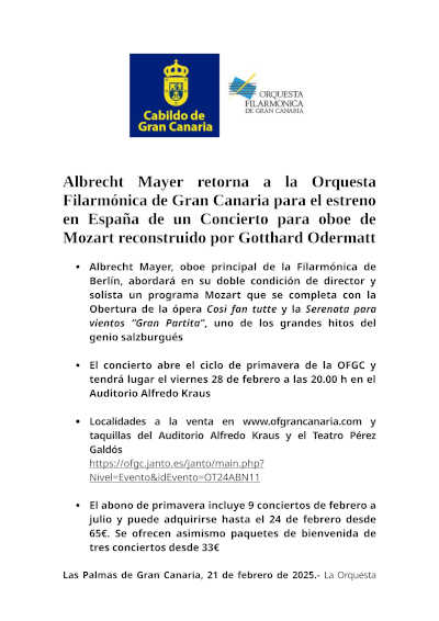 Albrecht Mayer regresa a la Filarmónica de Gran Canaria para presentar un concierto de Mozart reconstruido. Albrecht Mayer regresa a la Filarmónica de Gran Canaria para presentar un concierto de Mozart reconstruido.