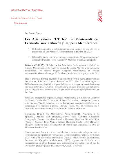 Les Arts presenta "L’Orfeo" de Monteverdi, bajo la dirección de Leonardo García Alarcón y Cappella Mediterranea.