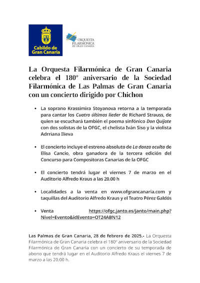 La Orquesta Filarmónica de Gran Canaria conmemora el 180º aniversario de la Sociedad Filarmónica de Las Palmas,.