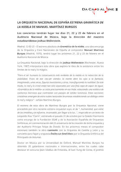 "Gramática de la niebla", la nueva obra de Manuel Martínez Burgos, presentada por la Orquesta Nacional de España.