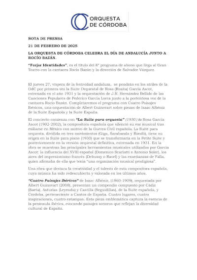 La Orquesta de Córdoba rinde homenaje al Día de Andalucía con un concierto especial junto a la talentosa Rocío Bazán.