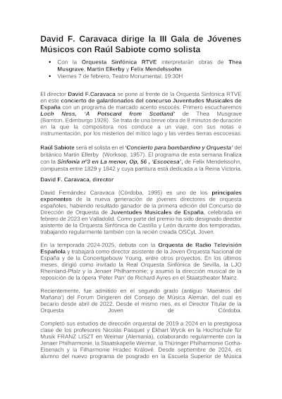 La III Gala de Jóvenes Músicos, dirigida por David F. Caravaca, contará con la actuación especial de Raúl Sabiote.