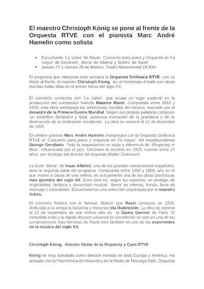 La Orquesta RTVE, bajo la dirección de Christoph König, presenta al virtuoso pianista Marc André Hamelin en un concierto inolvidable. La Orquesta RTVE, bajo la dirección de Christoph König, presenta al virtuoso pianista Marc André Hamelin en un concierto inolvidable.
