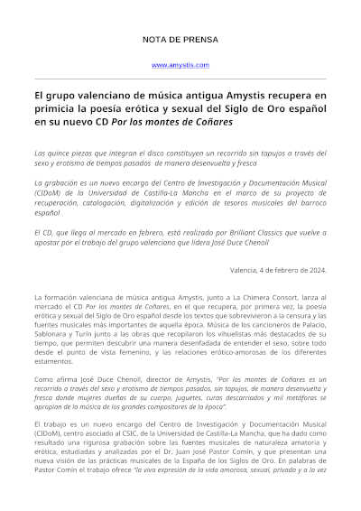 El grupo valenciano de música antigua Amystis recupera poesía erótica y sexual del Siglo de Oro español en su nuevo CD