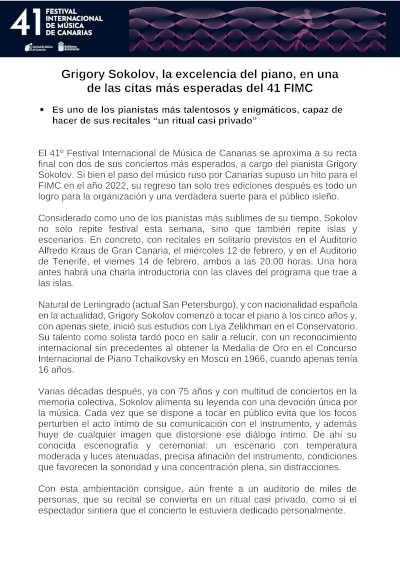 Gran experiencia musical con Grigory Sokolov en el 41 FIMC. Un evento destacado que resalta la maestría y la pasión por el piano.