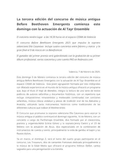 La tercera edición del concurso de música antigua Before Beethoven Emergents inicia con Al Tayr Ensemble, celebrando la riqueza de la música histórica.