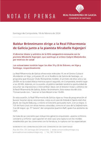 Magia de la música clásica con Baldur Brönnimann y la pianista Mirabelle Kajenjeri en la Real Filharmonía de Galicia.