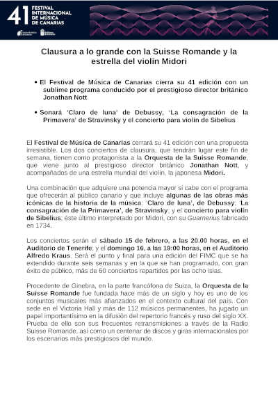 La Suisse Romande y Midori brillan en la clausura del 41º FIMC. Una experiencia musical excepcional y llena de emociones. La Suisse Romande y Midori brillan en la clausura del 41º FIMC. Una experiencia musical excepcional y llena de emociones.