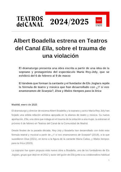 Albert Boadella presenta su nuevo drama lírico "Ella" en Teatros del Canal, con la destacada actuación de María Rey-Joly. Albert Boadella presenta su nuevo drama lírico "Ella" en Teatros del Canal, con la destacada actuación de María Rey-Joly.