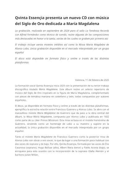 Qvinta Essençia lanza un CD especial con música del Siglo de Oro, rindiendo homenaje a María Magdalena.