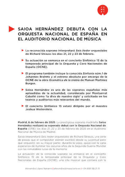 Saioa Hernández se presenta por primera vez con la Orquesta Nacional de España en el Auditorio Nacional de Música.