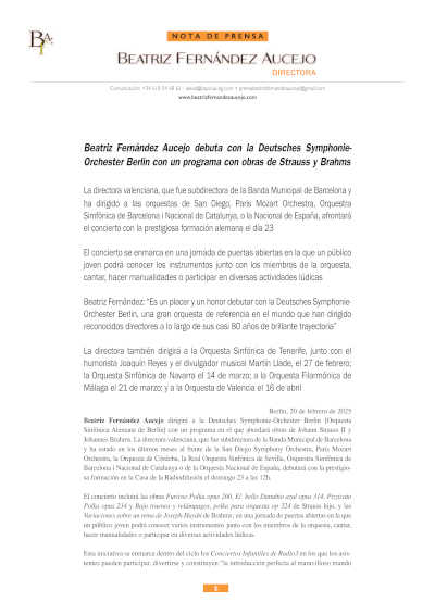 Beatriz Fernández Aucejo debuta con la Deutsches Symphonie-Orchester Berlin, interpretando obras de Strauss y Brahms.