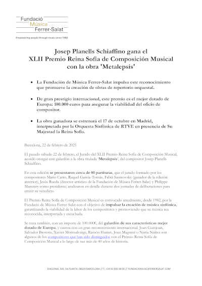 Josep Planells Schiaffino gana el XLII Premio Reina Sofía de Composición Musical con la obra «Metalepsis»