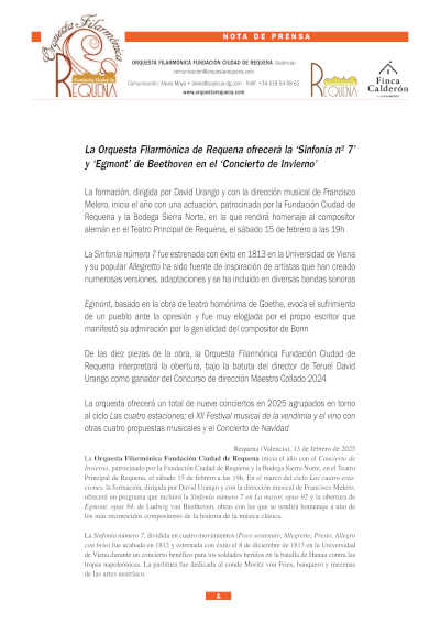 La Orquesta Filarmónica de Requena presenta su "Concierto de Invierno" con la interpretación de la "Sinfonía nº 7" y "Egmont" de Beethoven.