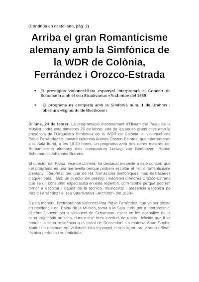 El gran Romanticismo alemán con la Sinfónica de la WDR de Colonia, bajo la dirección de Ferrández y Orozco-Estrada.