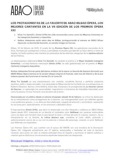Conoce a los destacados cantantes de La Favorite en ABAO Bilbao Opera y explora la VII edición de los Premios Ópera XXI.