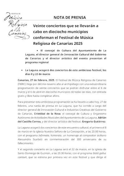 El Festival de Música Religiosa de Canarias 2025 presenta veinte conciertos en dieciocho municipios. Una celbración de música y fe.