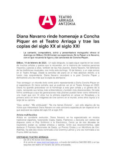 Diana Navarro rinde homenaje a Concha Piquer en el Teatro Arriaga, trayendo las coplas del siglo XX al siglo XXI.