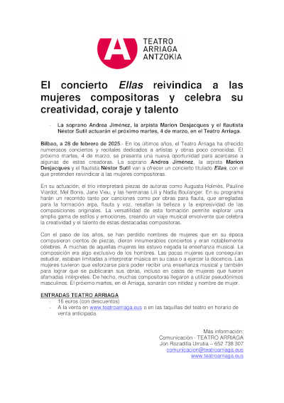 El concierto Ellas en el Teatro Arriaga rinde tributo a las mujeres compositoras, destacando su creatividad y valentía.