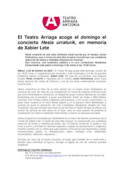 Teatro Arriaga será el escenario del concierto Hesia urraturik, un tributo a la memoria de Xabier Lete.