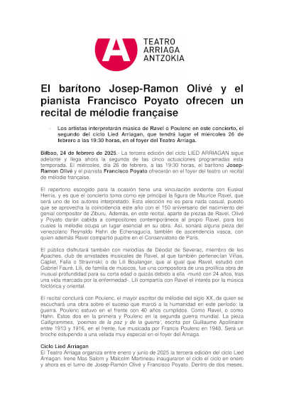 Recital de mélodie française con el barítono Josep-Ramon Olivé y el pianista Francisco Poyato. Una experiencia musical única.