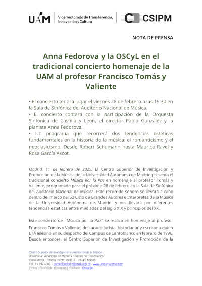 Anna Fedorova y la OSCyL rinden homenaje al profesor Francisco Tomás y Valiente en un concierto especial en la UAM.