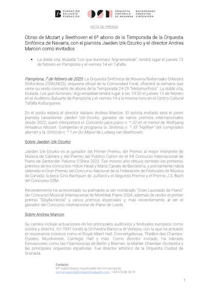 Asista al 6º abono de la Temporada de la Orquesta Sinfónica de Navarra y deleítese con las obras de Mozart y Beethoven.