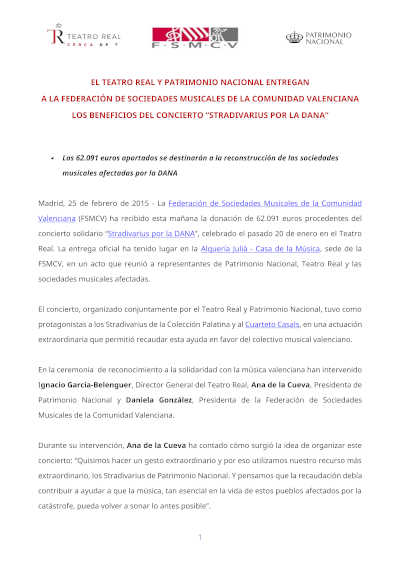 Detalles de la entrega de 62.091 € recaudados en el Concierto "Stradivarius por la DANA" en el Teatro Real. Un gesto de solidaridad y apoyo.