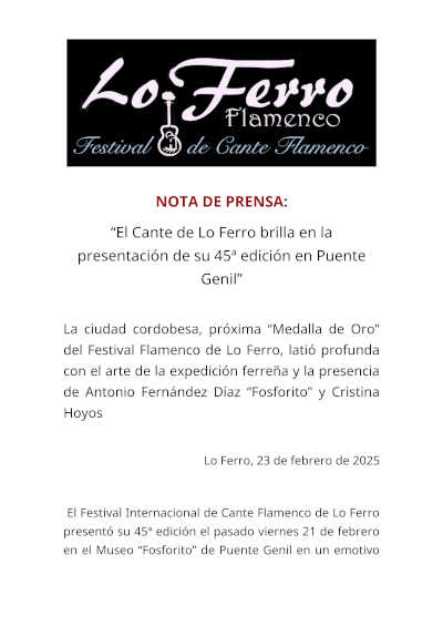La 45ª edición del Cante de Lo Ferro se presenta en Puente Genil, un festival que resalta la riqueza del flamenco y la cultura andaluza.