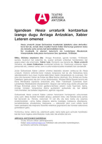 Teatro Arriaga será el escenario del concierto Hesia urraturik, un tributo a la memoria de Xabier Lete.
