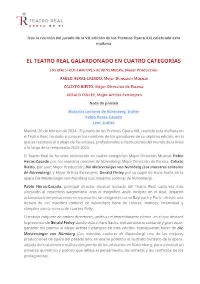 El Teatro Real galardonado en cuatro categorías en la VII edición Premios Ópera XXI