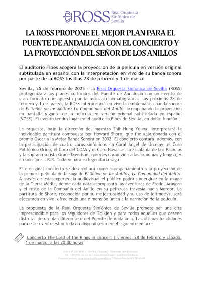 La ROSS te invita a celebrar el Puente de Andalucía con un concierto y la proyección de El Señor de los Anillos. La ROSS te invita a celebrar el Puente de Andalucía con un concierto y la proyección de El Señor de los Anillos.