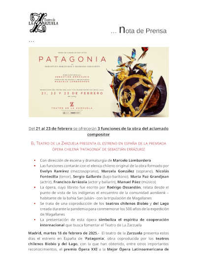 Estreno en España de "Patagonia", la reconocida ópera chilena de Sebastián Errázuriz, en el Teatro de la Zarzuela.