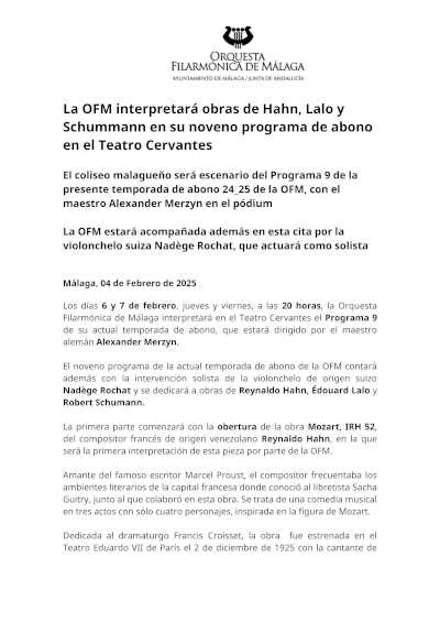 La OFM presenta su noveno programa de abono en el Teatro Cervantes, interpretando obras de Hahn, Lalo y Schumann. La OFM presenta su noveno programa de abono en el Teatro Cervantes, interpretando obras de Hahn, Lalo y Schumann.