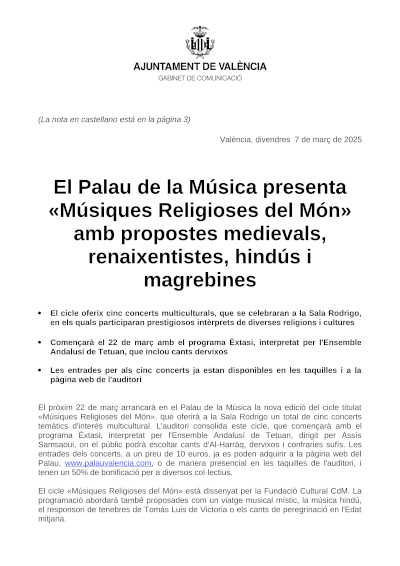 «Músicas Religiosas del Mundo» en el Palau de la Música. Un viaje sonoro a través de propuestas medievales, renacentistas, hindús y magrebíes.