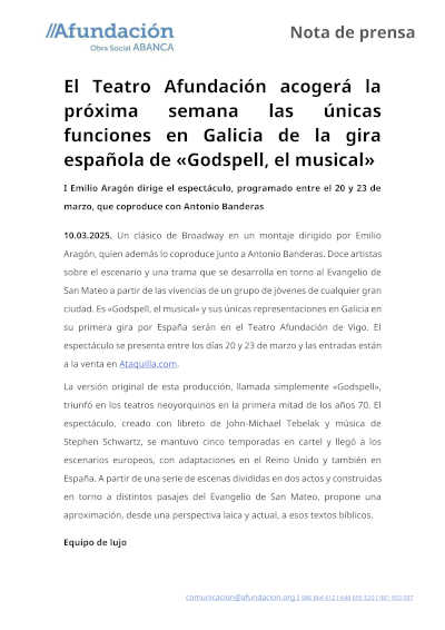 Ven al Teatro Afundación y disfruta de las únicas funciones en Galicia de «Godspell, el musical». Una experiencia de teatro musical única.