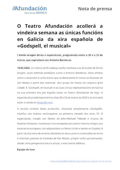 Ven al Teatro Afundación y disfruta de las únicas funciones en Galicia de «Godspell, el musical». Una experiencia de teatro musical única.