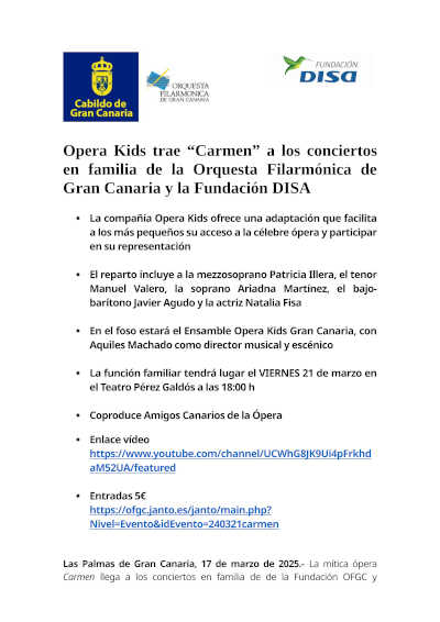 Opera Kids presenta *Carmen* en los conciertos en familia de la Orquesta Filarmónica de Gran Canaria y la Fundación DISA, acercando la ópera al público infantil.