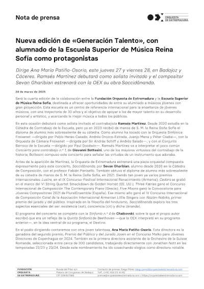 La nueva edición de «Generación Talento» destaca a un exalumno de la Escuela Superior de Música Reina Sofía como protagonista del programa.