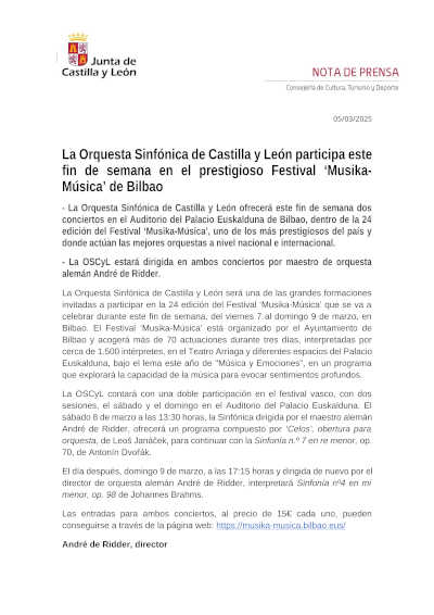 La Orquesta Sinfónica de Castilla y León se presenta en el Festival "Musika-Música" de Bilbao este fin de semana.