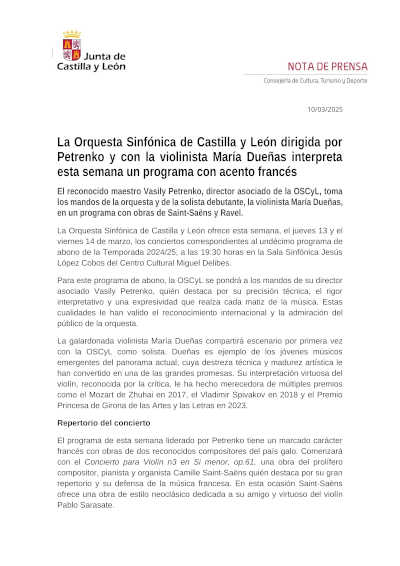 La Orquesta Sinfónica de Castilla y León, bajo la dirección de Petrenko y con la violinista María Dueñas, presenta un cautivador programa con acento francés.
