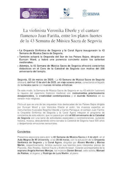 La 43 Semana de Música Sacra de Segovia presenta a la talentosa violinista Veronika Eberle y al cantaor flamenco Juan Fariña