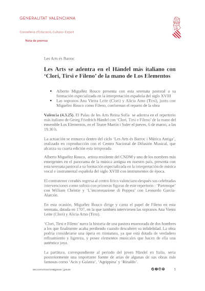 Les Arts presenta "Clori, Tirsi e Fileno" de Händel, una experiencia musical única con Los Elementos. Pura belleza del barroco italiano.