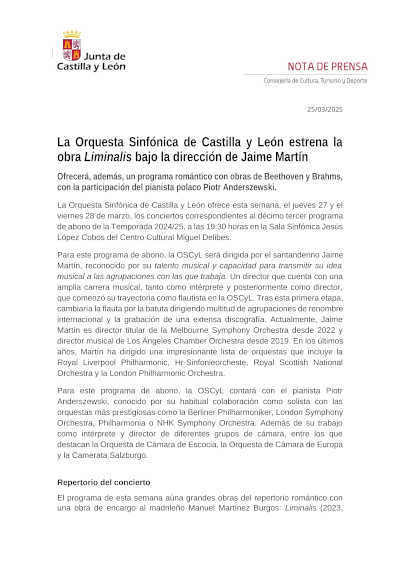La Orquesta Sinfónica de Castilla y León presenta el estreno de la obra 'Liminalis', bajo la dirección del prestigioso maestro Jaime Martín en concierto.