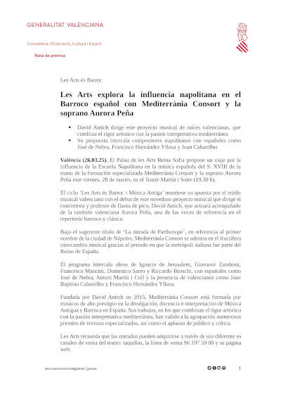 Les Arts presenta a Mediterrània Consort y la soprano Aurora Peña en un concierto dedicado a la influencia napolitana en el Barroco español.