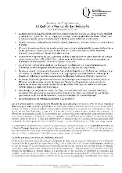 Avance de programación de la 86º Quincena Musical de San Sebastián con destacadas propuestas artísticas y repertorio de relevancia internacional.