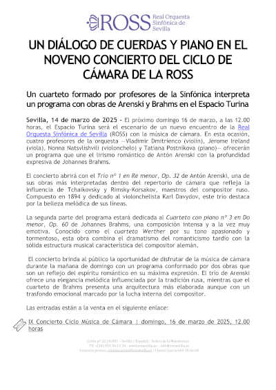 En el noveno concierto del Ciclo de Cámara de la ROSS, cuerdas y piano entablan un diálogo musical único, ofreciendo una experiencia sonora de gran profundidad. En el noveno concierto del Ciclo de Cámara de la ROSS, cuerdas y piano entablan un diálogo musical único, ofreciendo una experiencia sonora de gran profundidad.