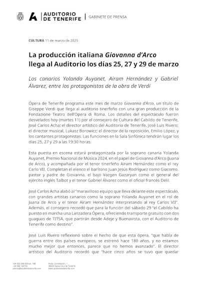 La producción italiana "Giovanna d’Arco" se presenta en el Auditorio de Tenerife en marzo. Una emocionante obra llena de pasión y drama.